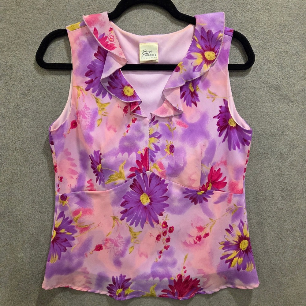 Giorgio Fiorlini Floral Sleeveless Blouse Women Medium Ruffle Fairy Cottage